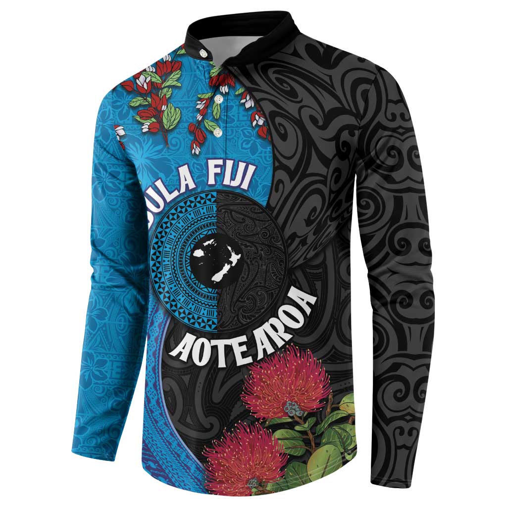 Fiji and New Zealand Together Button Sweatshirt Tapa Maori Tattoo mix Tagimoucia and Pohutukawa LT03 - Polynesian Pride