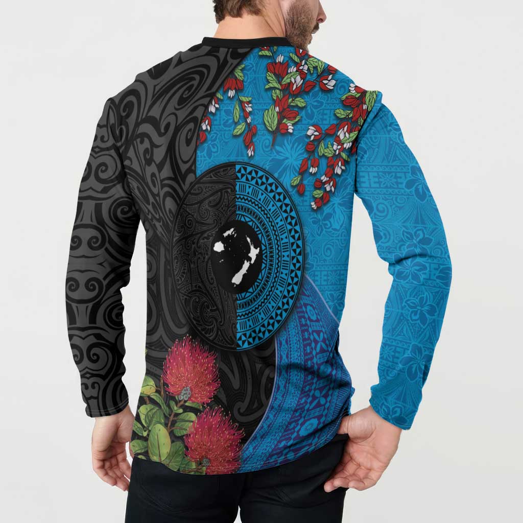 Fiji and New Zealand Together Button Sweatshirt Tapa Maori Tattoo mix Tagimoucia and Pohutukawa LT03 - Polynesian Pride