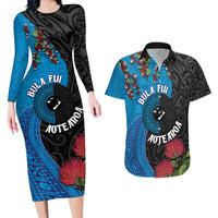 Fiji and New Zealand Together Couples Matching Long Sleeve Bodycon Dress and Hawaiian Shirt Tapa Maori Tattoo mix Tagimoucia and Pohutukawa
