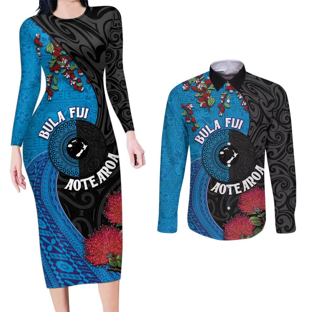 Fiji and New Zealand Together Couples Matching Long Sleeve Bodycon Dress and Long Sleeve Button Shirt Tapa Maori Tattoo mix Tagimoucia and Pohutukawa LT03 Black - Polynesian Pride