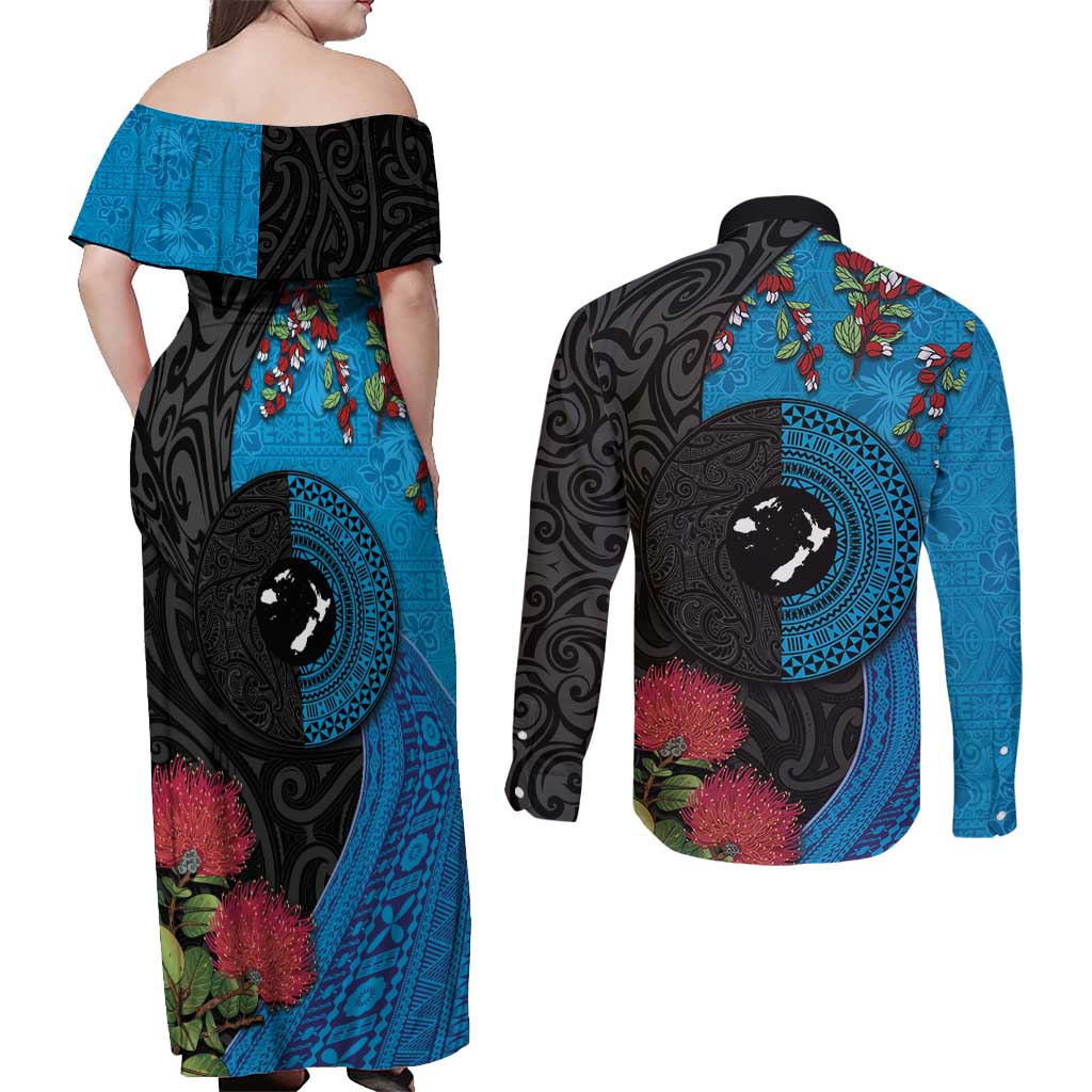 Fiji and New Zealand Together Couples Matching Off Shoulder Maxi Dress and Long Sleeve Button Shirt Tapa Maori Tattoo mix Tagimoucia and Pohutukawa LT03 - Polynesian Pride