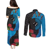 Fiji and New Zealand Together Couples Matching Puletasi and Long Sleeve Button Shirt Tapa Maori Tattoo mix Tagimoucia and Pohutukawa LT03 - Polynesian Pride
