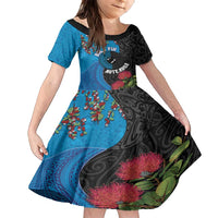 Fiji and New Zealand Together Family Matching Long Sleeve Bodycon Dress and Hawaiian Shirt Tapa Maori Tattoo mix Tagimoucia and Pohutukawa LT03 Daughter's Dress Black - Polynesian Pride