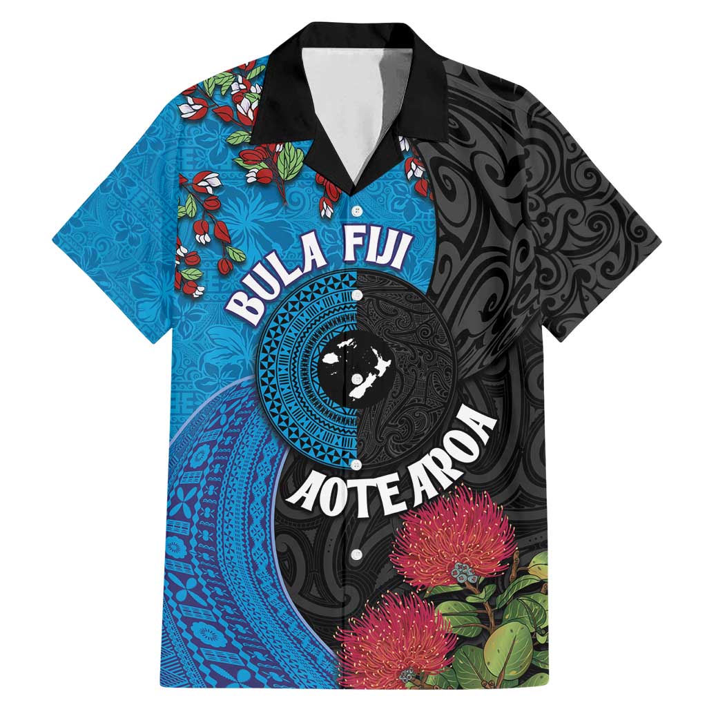 Fiji and New Zealand Together Family Matching Mermaid Dress and Hawaiian Shirt Tapa Maori Tattoo mix Tagimoucia and Pohutukawa LT03 Dad's Shirt - Short Sleeve Black - Polynesian Pride