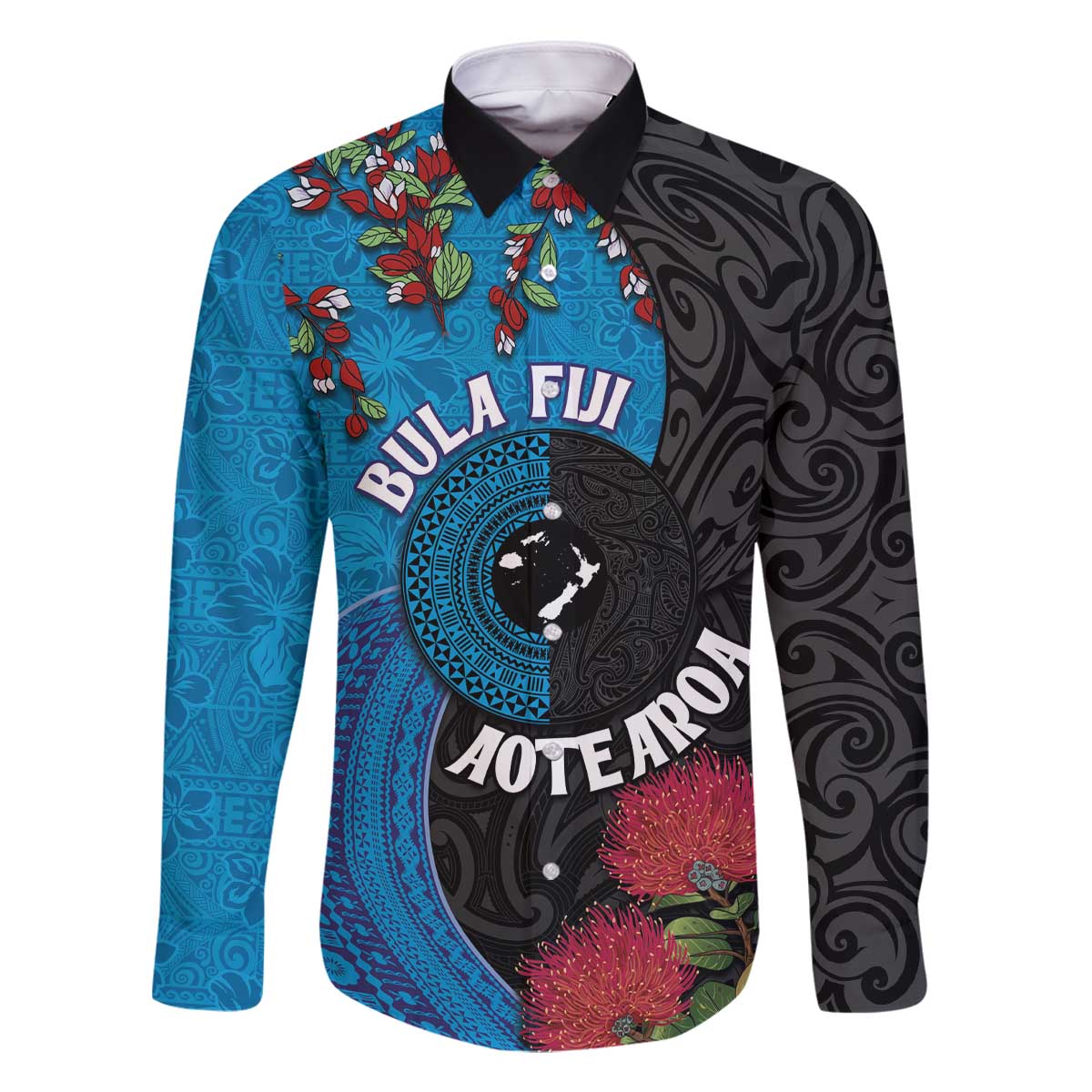 Fiji and New Zealand Together Family Matching Off The Shoulder Long Sleeve Dress and Hawaiian Shirt Tapa Maori Tattoo mix Tagimoucia and Pohutukawa