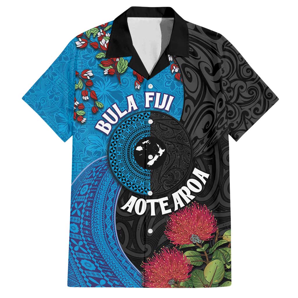 Fiji and New Zealand Together Family Matching Off Shoulder Maxi Dress and Hawaiian Shirt Tapa Maori Tattoo mix Tagimoucia and Pohutukawa