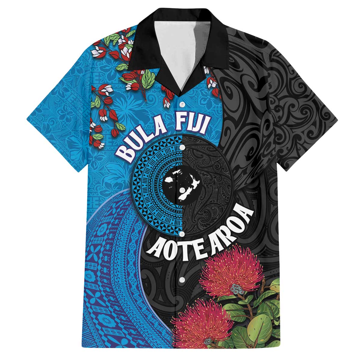 Fiji and New Zealand Together Family Matching Off Shoulder Short Dress and Hawaiian Shirt Tapa Maori Tattoo mix Tagimoucia and Pohutukawa