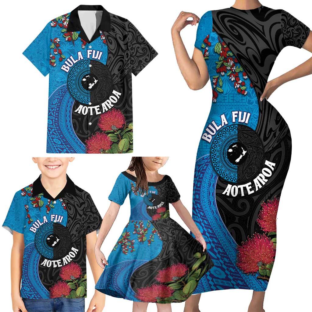 Fiji and New Zealand Together Family Matching Short Sleeve Bodycon Dress and Hawaiian Shirt Tapa Maori Tattoo mix Tagimoucia and Pohutukawa LT03 - Polynesian Pride