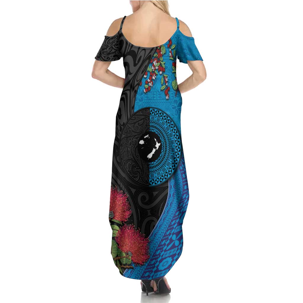 Fiji and New Zealand Together Family Matching Summer Maxi Dress and Hawaiian Shirt Tapa Maori Tattoo mix Tagimoucia and Pohutukawa LT03 - Polynesian Pride