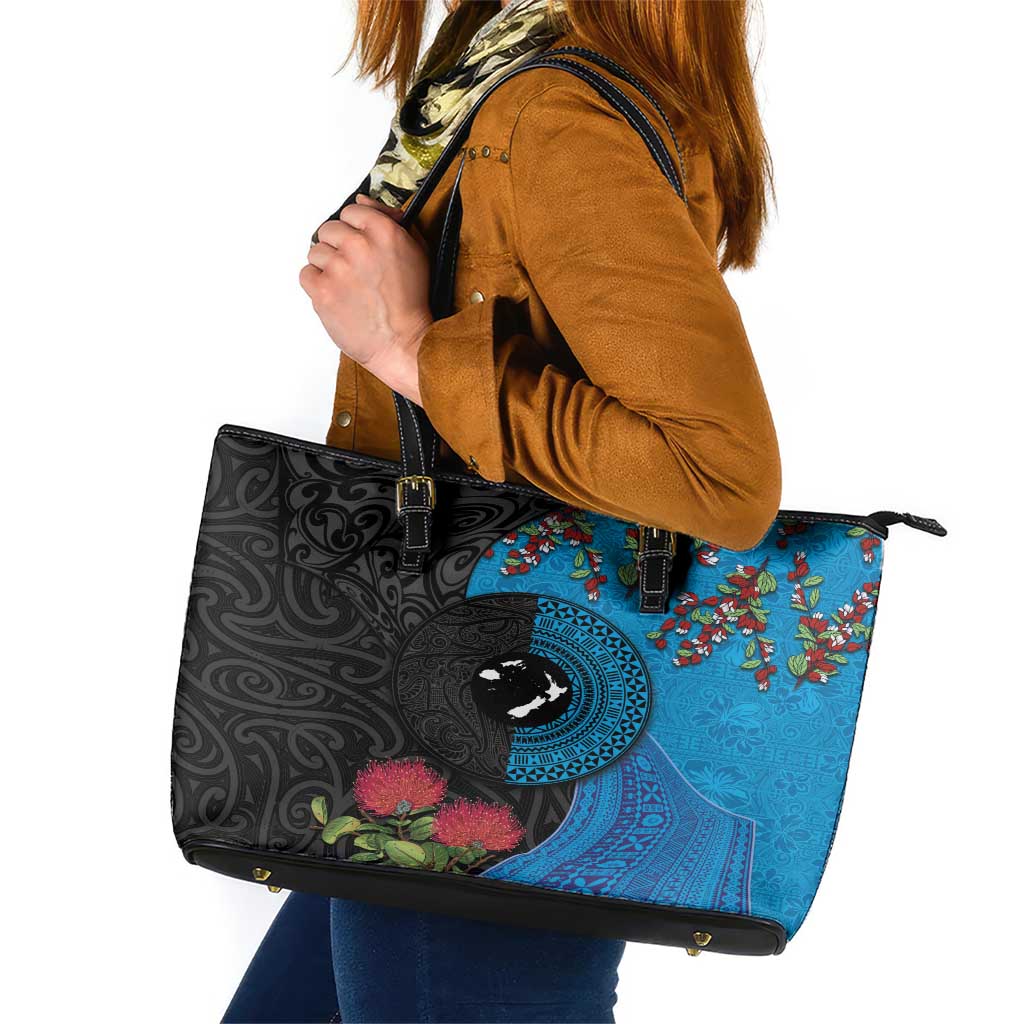 Fiji and New Zealand Together Leather Tote Bag Tapa Maori Tattoo mix Tagimoucia and Pohutukawa