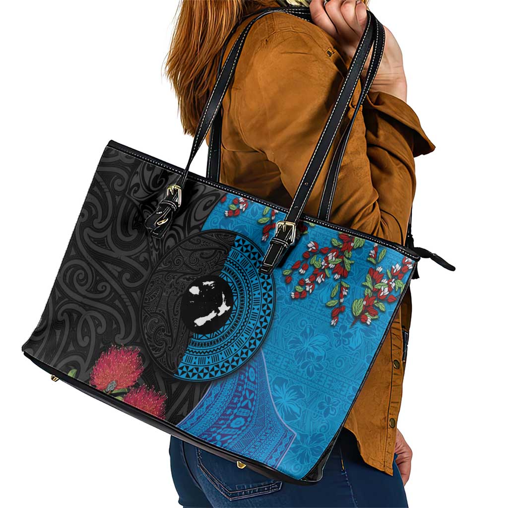 Fiji and New Zealand Together Leather Tote Bag Tapa Maori Tattoo mix Tagimoucia and Pohutukawa LT03 - Polynesian Pride