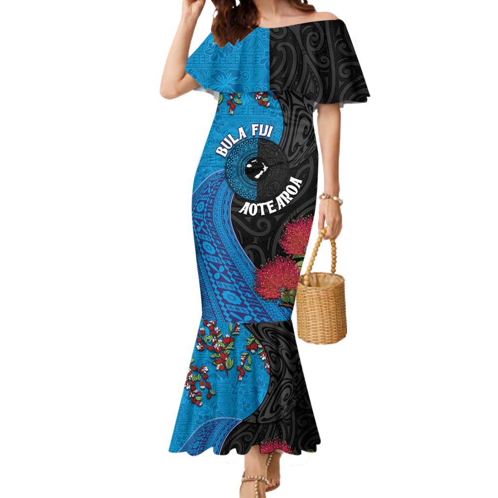 Fiji and New Zealand Together Mermaid Dress Tapa Maori Tattoo mix Tagimoucia and Pohutukawa LT03 Women Black - Polynesian Pride