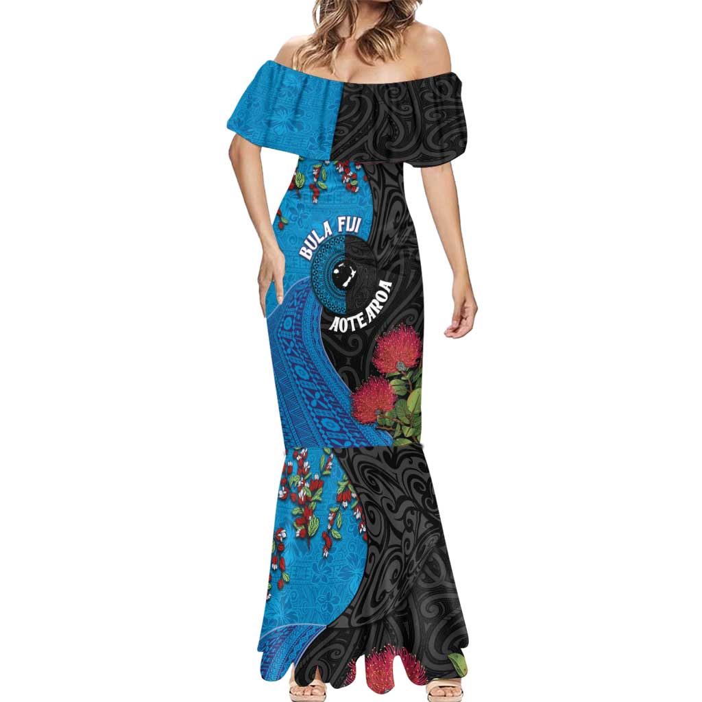 Fiji and New Zealand Together Mermaid Dress Tapa Maori Tattoo mix Tagimoucia and Pohutukawa LT03 - Polynesian Pride