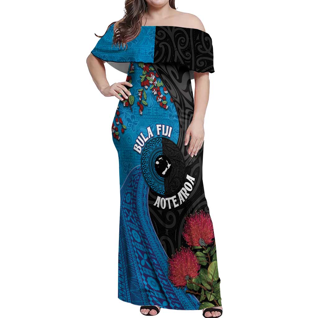 Fiji and New Zealand Together Off Shoulder Maxi Dress Tapa Maori Tattoo mix Tagimoucia and Pohutukawa LT03 Women Black - Polynesian Pride