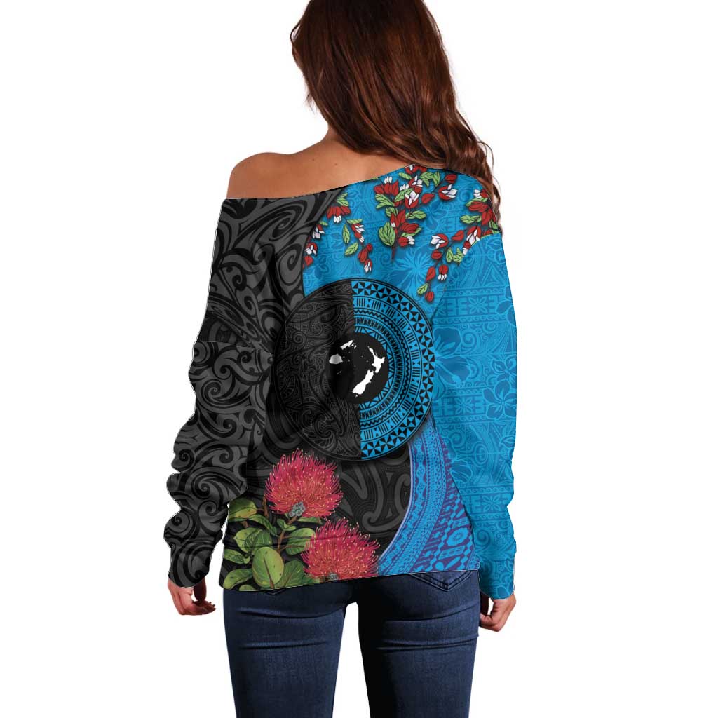 Fiji and New Zealand Together Off Shoulder Sweater Tapa Maori Tattoo mix Tagimoucia and Pohutukawa LT03 - Polynesian Pride