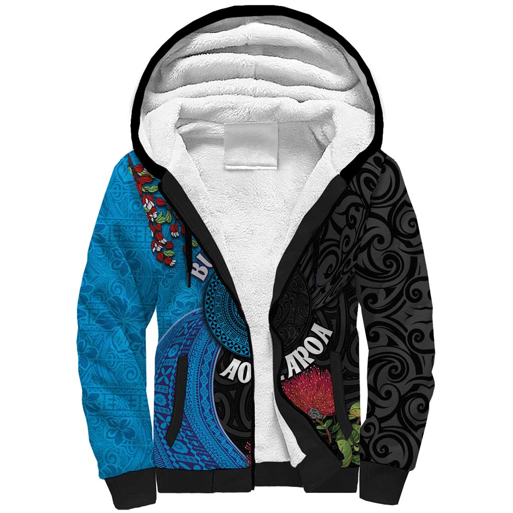 Fiji and New Zealand Together Sherpa Hoodie Tapa Maori Tattoo mix Tagimoucia and Pohutukawa