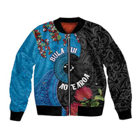 Fiji and New Zealand Together Sleeve Zip Bomber Jacket Tapa Maori Tattoo mix Tagimoucia and Pohutukawa LT03 Unisex Black - Polynesian Pride