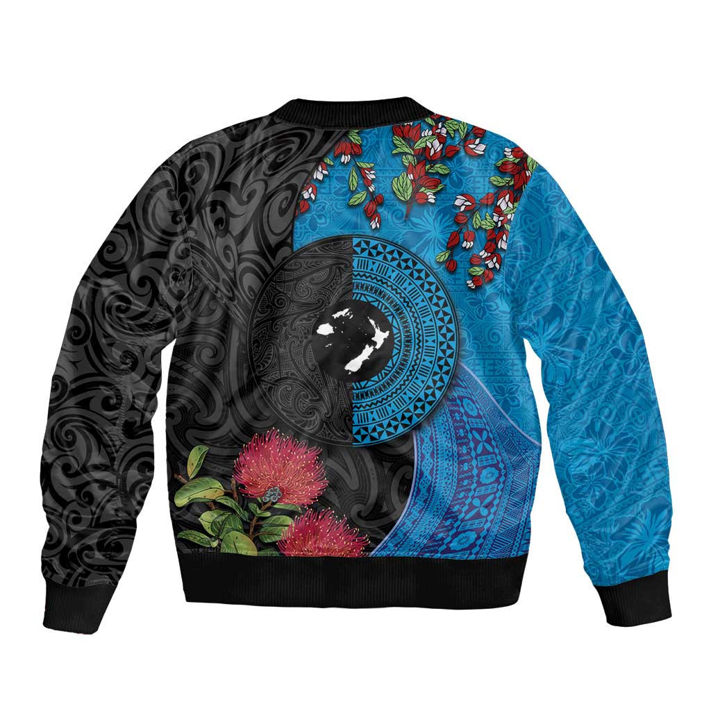 Fiji and New Zealand Together Sleeve Zip Bomber Jacket Tapa Maori Tattoo mix Tagimoucia and Pohutukawa LT03 - Polynesian Pride