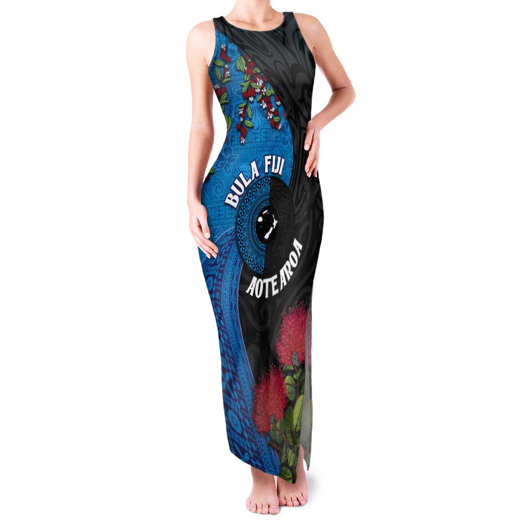 Fiji and New Zealand Together Tank Maxi Dress Tapa Maori Tattoo mix Tagimoucia and Pohutukawa
