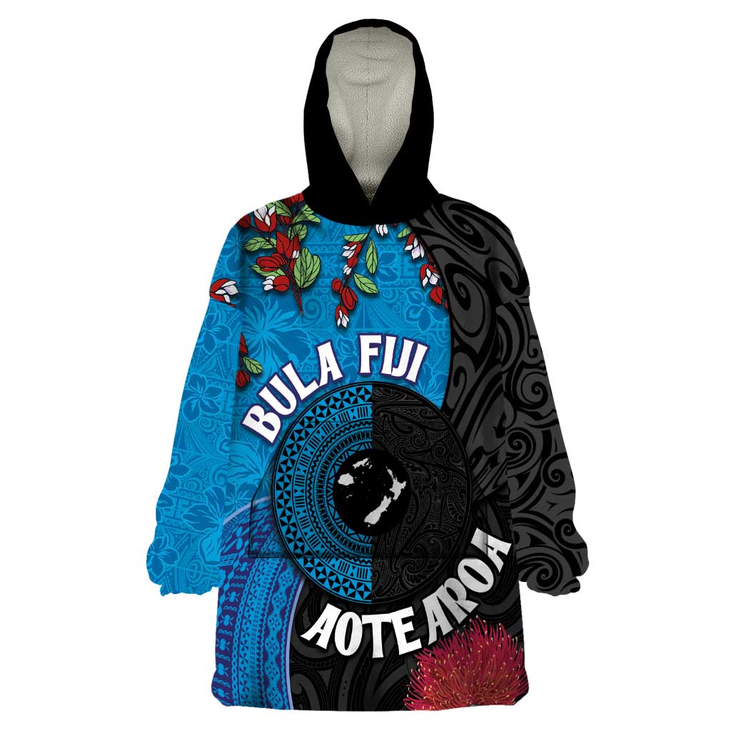 Fiji and New Zealand Together Wearable Blanket Hoodie Tapa Maori Tattoo mix Tagimoucia and Pohutukawa