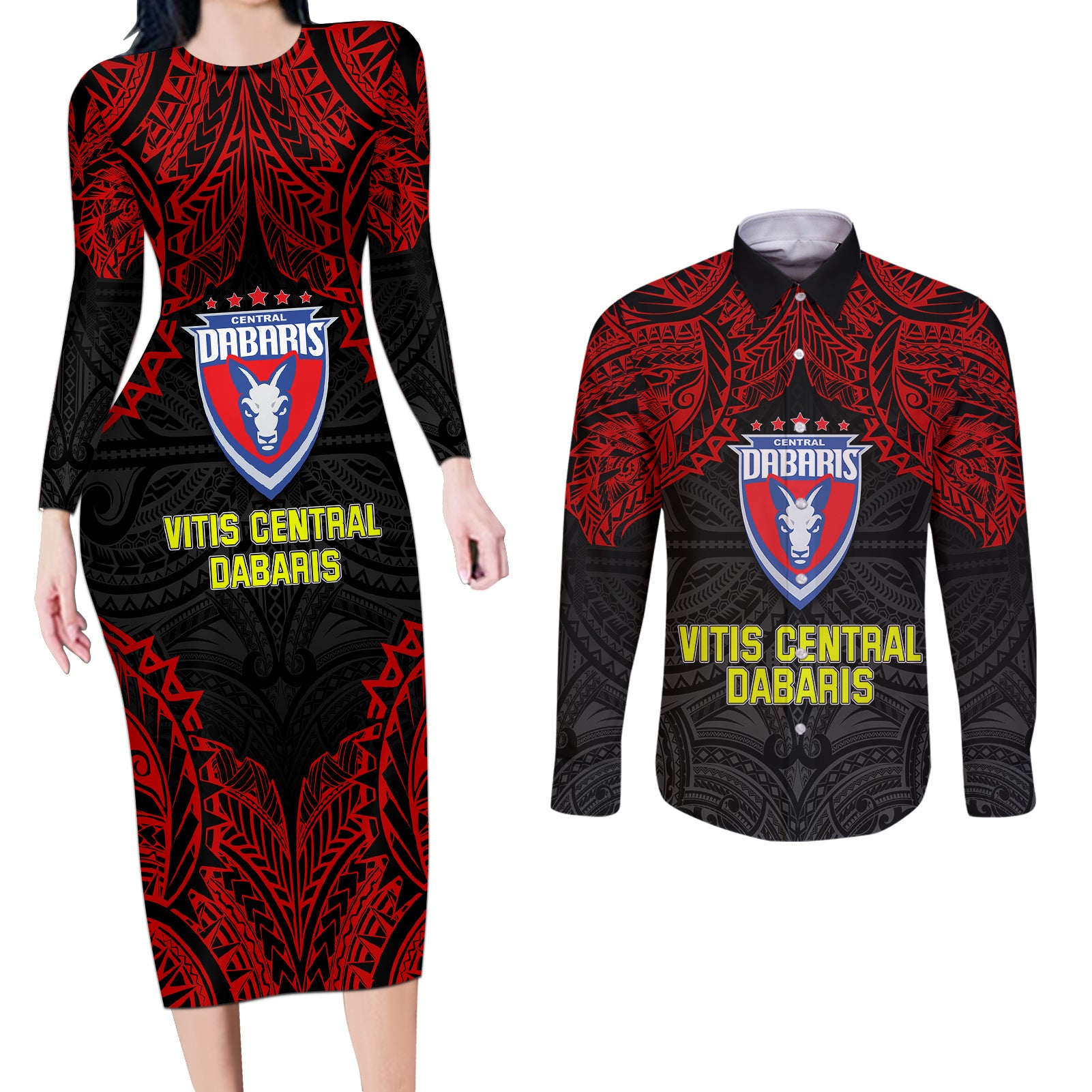 Vitis Central Dabaris Rugby Couples Matching Long Sleeve Bodycon Dress and Long Sleeve Button Shirts Papua New Guinea Polynesian Tattoo LT03 Red - Polynesian Pride