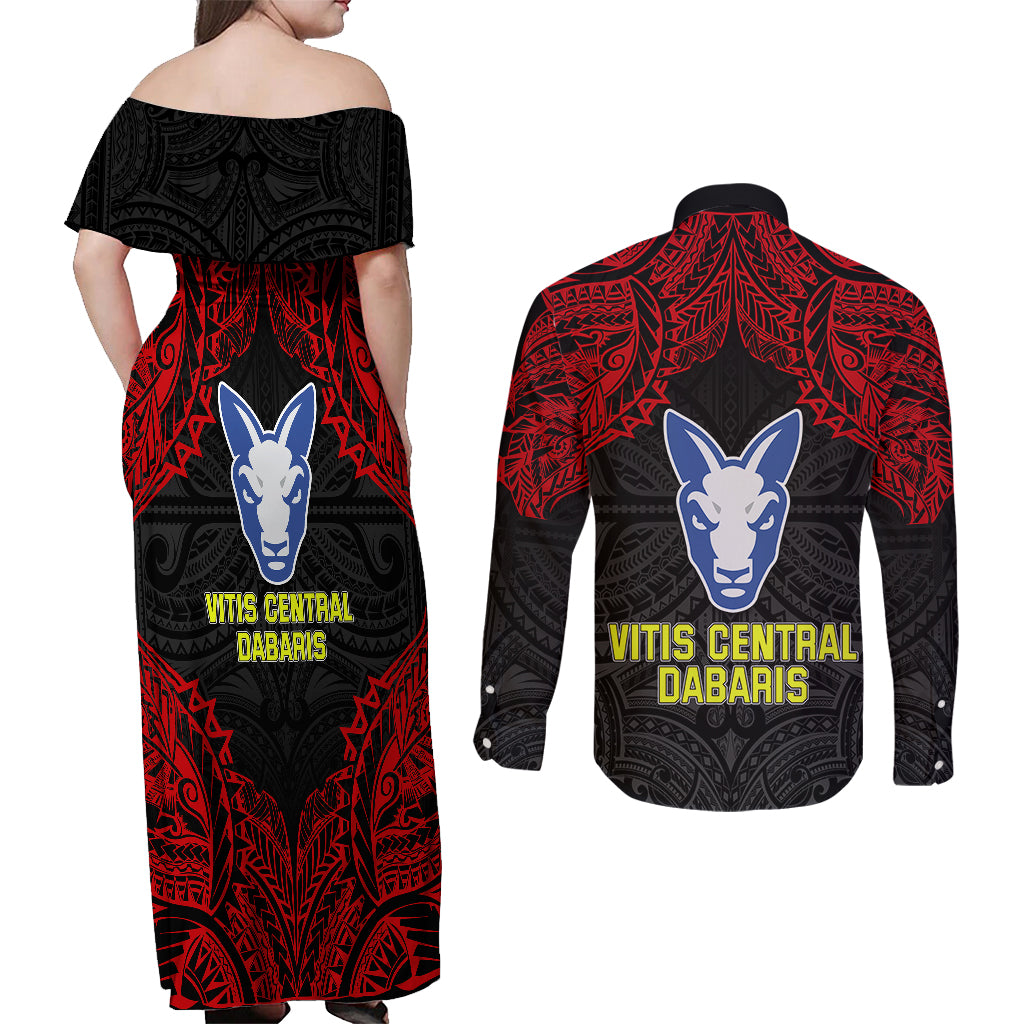 Vitis Central Dabaris Rugby Couples Matching Off Shoulder Maxi Dress and Long Sleeve Button Shirts Papua New Guinea Polynesian Tattoo LT03 - Polynesian Pride
