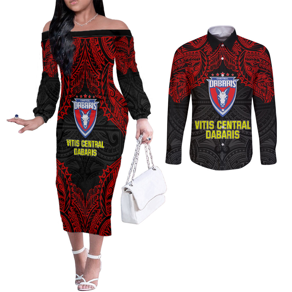 Vitis Central Dabaris Rugby Couples Matching Off The Shoulder Long Sleeve Dress and Long Sleeve Button Shirts Papua New Guinea Polynesian Tattoo LT03 Red - Polynesian Pride