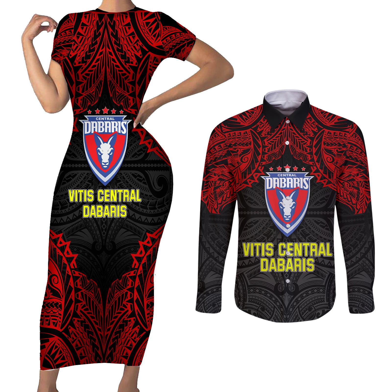Vitis Central Dabaris Rugby Couples Matching Short Sleeve Bodycon Dress and Long Sleeve Button Shirts Papua New Guinea Polynesian Tattoo LT03 Red - Polynesian Pride