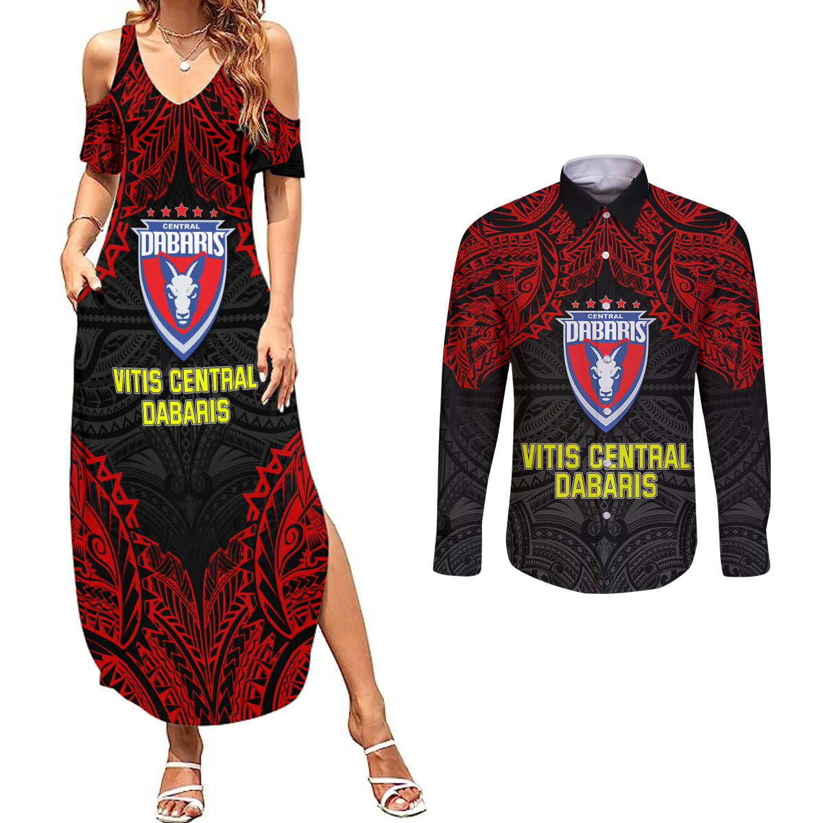 Vitis Central Dabaris Rugby Couples Matching Summer Maxi Dress and Long Sleeve Button Shirts Papua New Guinea Polynesian Tattoo LT03 Red - Polynesian Pride