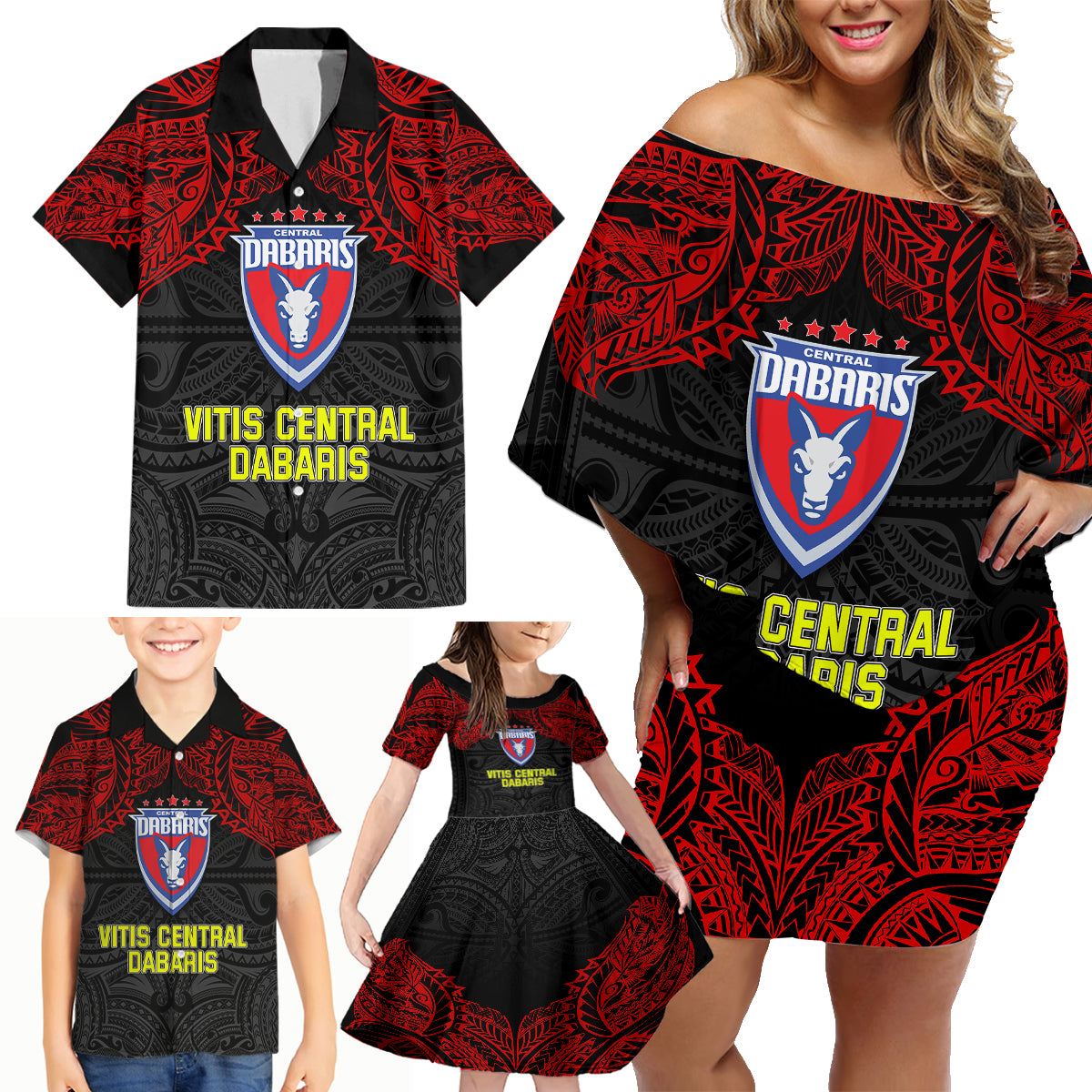 Vitis Central Dabaris Rugby Family Matching Off Shoulder Short Dress and Hawaiian Shirt Papua New Guinea Polynesian Tattoo LT03 - Polynesian Pride