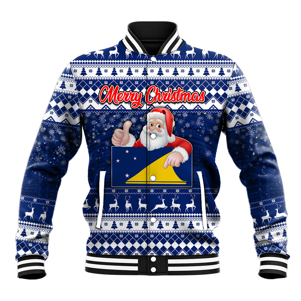 Tokelau Christmas Baseball Jacket Santa Claus Tokelau Flag and Coat of Arms with Polynesian Pattern LT03 Unisex Blue - Polynesian Pride