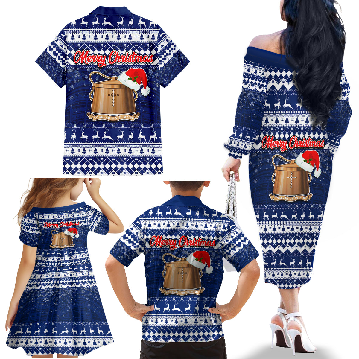Tokelau Christmas Family Matching Off Shoulder Long Sleeve Dress and Hawaiian Shirt Santa Claus Tokelau Flag and Coat of Arms with Polynesian Pattern LT03 - Polynesian Pride