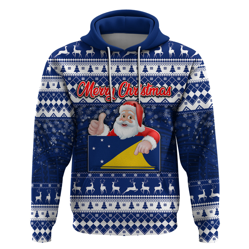 Tokelau Christmas Hoodie Santa Claus Tokelau Flag and Coat of Arms with Polynesian Pattern LT03 Blue - Polynesian Pride