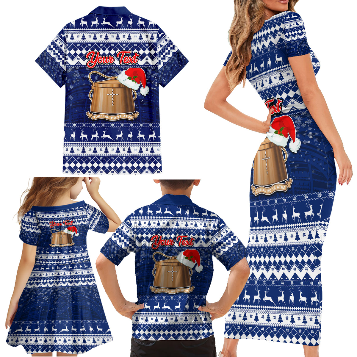Personalised Tokelau Christmas Family Matching Short Sleeve Bodycon Dress and Hawaiian Shirt Santa Claus Tokelau Flag and Coat of Arms with Polynesian Pattern LT03 - Polynesian Pride