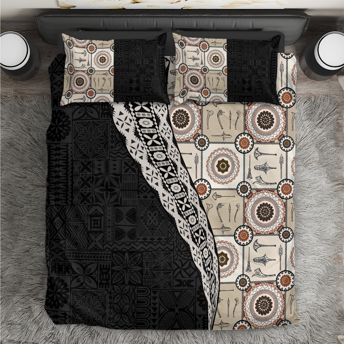 Tukenny Pattern Fijian War Clubs Mix Tapa Tribal Bedding Set LT03 Beige - Polynesian Pride