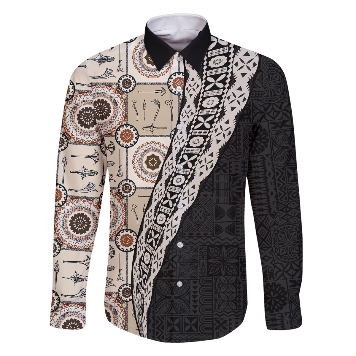 Tukenny Pattern Fijian War Clubs Mix Tapa Tribal Family Matching Long Sleeve Bodycon Dress and Hawaiian Shirt LT03 Dad's Shirt - Long Sleeve Beige - Polynesian Pride