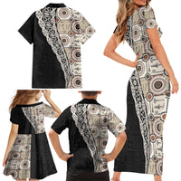 Tukenny Pattern Fijian War Clubs Mix Tapa Tribal Family Matching Short Sleeve Bodycon Dress and Hawaiian Shirt LT03 - Polynesian Pride