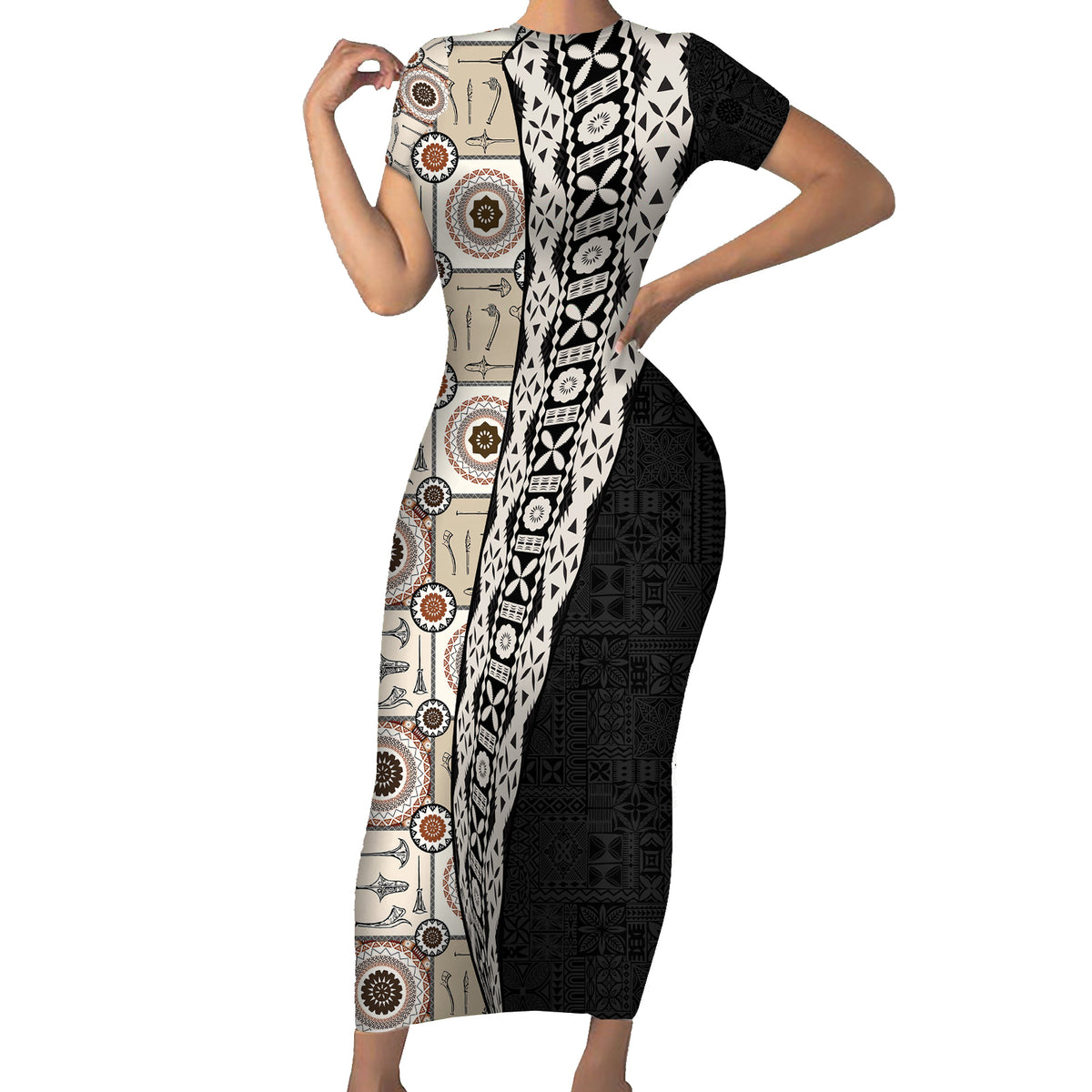 Tukenny Pattern Fijian War Clubs Mix Tapa Tribal Family Matching Short Sleeve Bodycon Dress and Hawaiian Shirt LT03 Mom's Dress Beige - Polynesian Pride