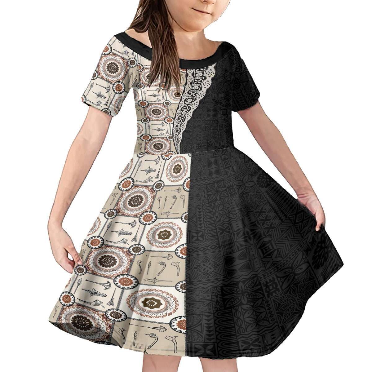 Tukenny Pattern Fijian War Clubs Mix Tapa Tribal Kid Short Sleeve Dress LT03 KID Beige - Polynesian Pride