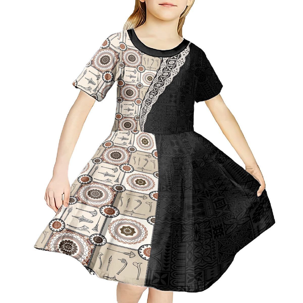 Tukenny Pattern Fijian War Clubs Mix Tapa Tribal Kid Short Sleeve Dress LT03 - Polynesian Pride