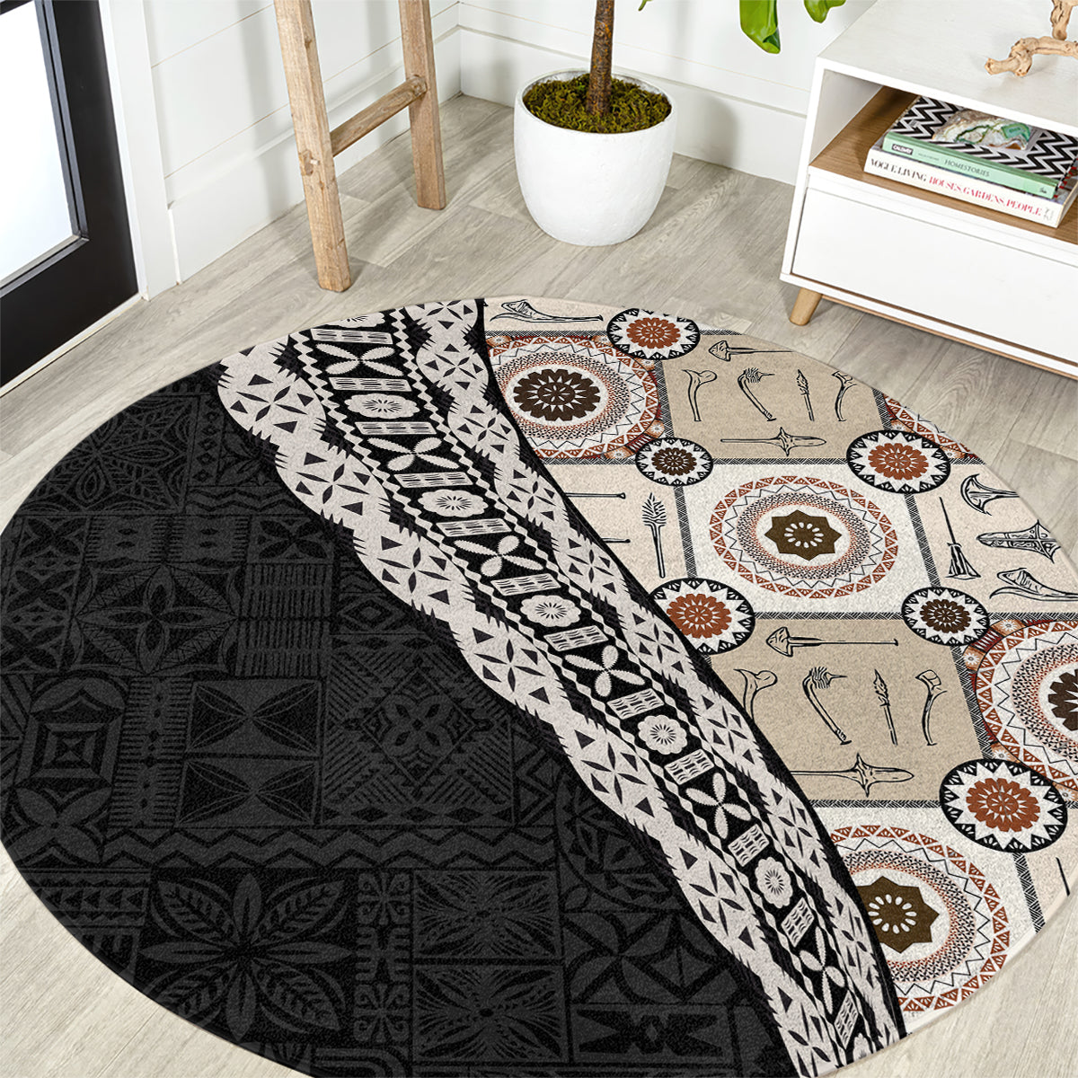 Tukenny Pattern Fijian War Clubs Mix Tapa Tribal Round Carpet LT03 Beige - Polynesian Pride