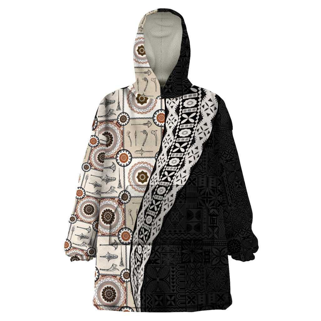 Tukenny Pattern Fijian War Clubs Mix Tapa Tribal Wearable Blanket Hoodie LT03 One Size Beige - Polynesian Pride