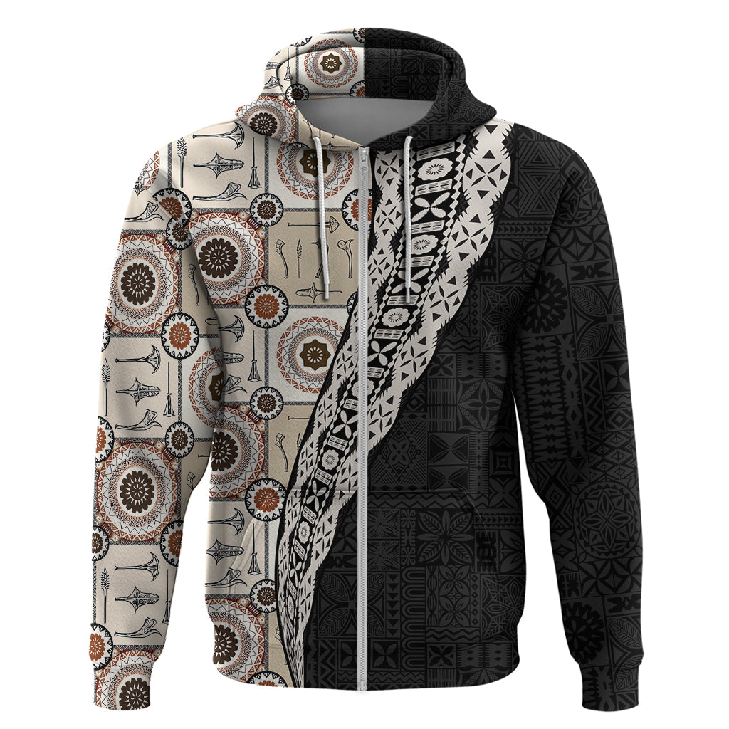 Tukenny Pattern Fijian War Clubs Mix Tapa Tribal Zip Hoodie LT03 Zip Hoodie Beige - Polynesian Pride
