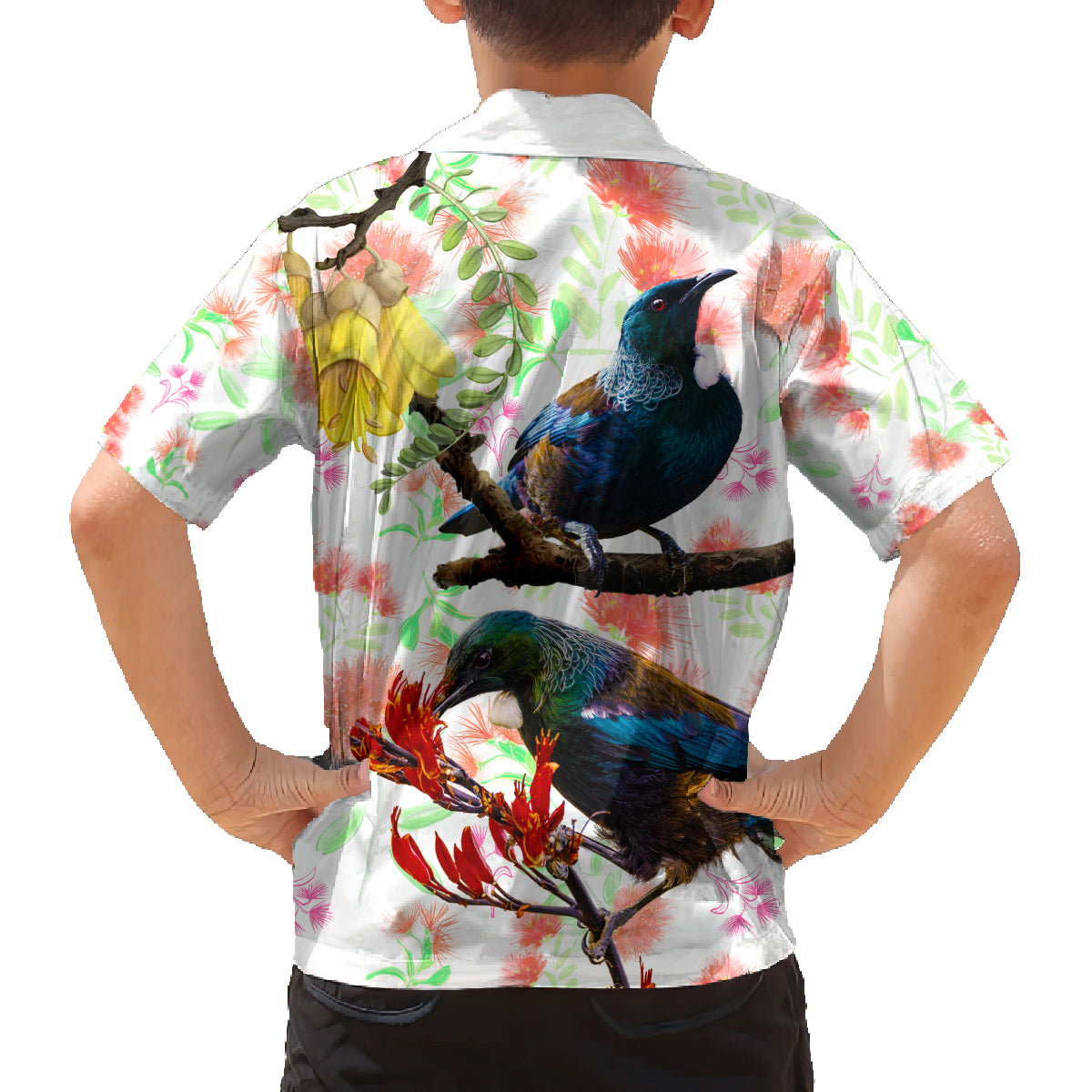New Zealand Pohutukawa Tui Bird Family Matching Off Shoulder Short Dress and Hawaiian Shirt Kowhai Version LT03 - Polynesian Pride