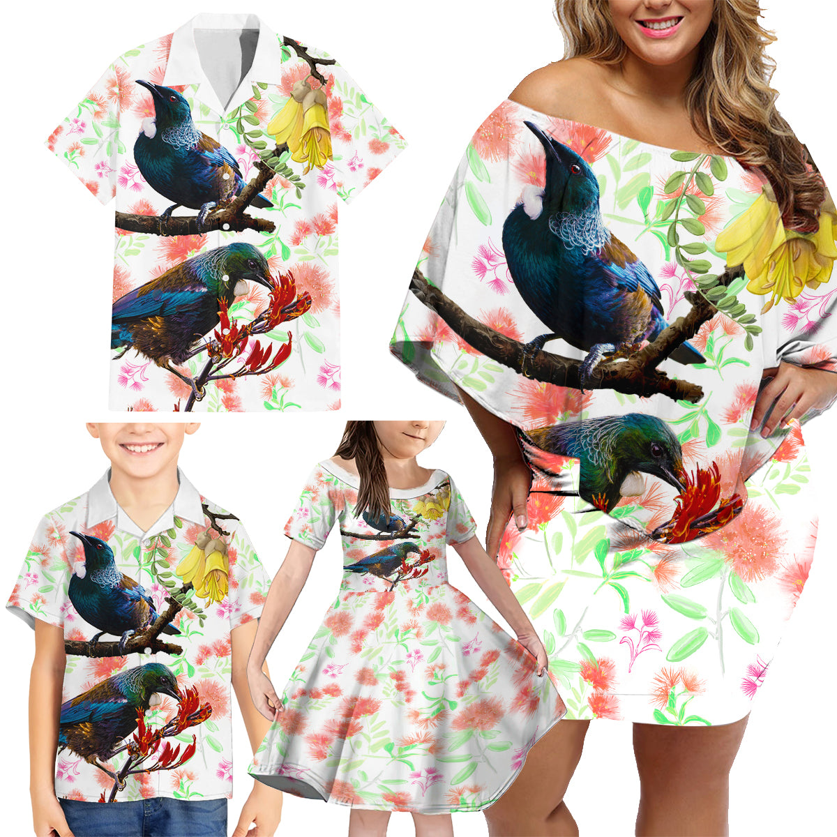 New Zealand Pohutukawa Tui Bird Family Matching Off Shoulder Short Dress and Hawaiian Shirt Kowhai Version LT03 - Polynesian Pride