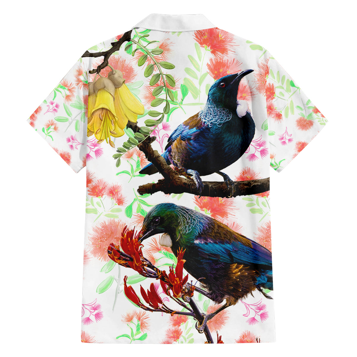 New Zealand Pohutukawa Tui Bird Family Matching Off Shoulder Short Dress and Hawaiian Shirt Kowhai Version LT03 - Polynesian Pride