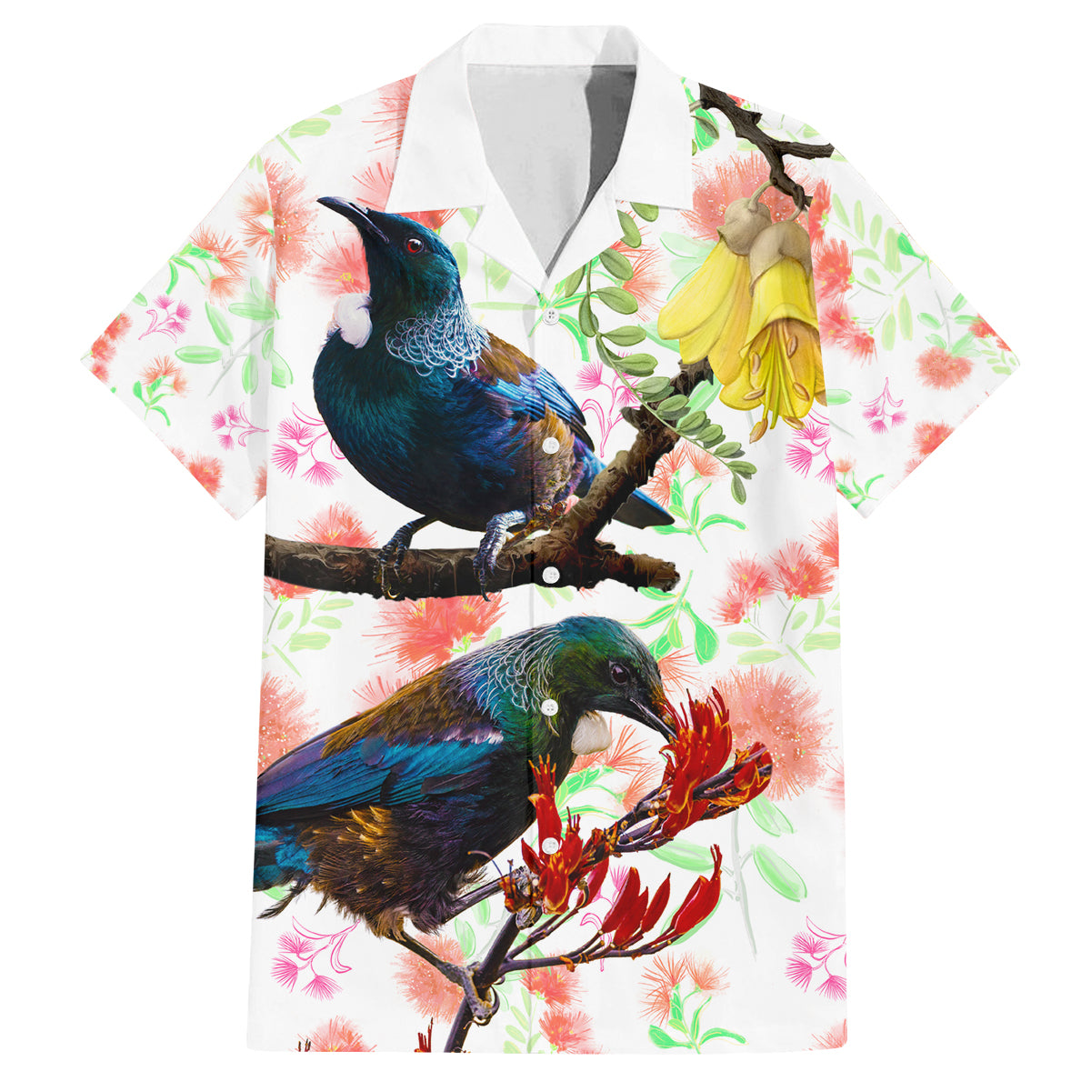 New Zealand Pohutukawa Tui Bird Family Matching Tank Maxi Dress and Hawaiian Shirt Kowhai Version LT03 Dad's Shirt - Short Sleeve White - Polynesian Pride