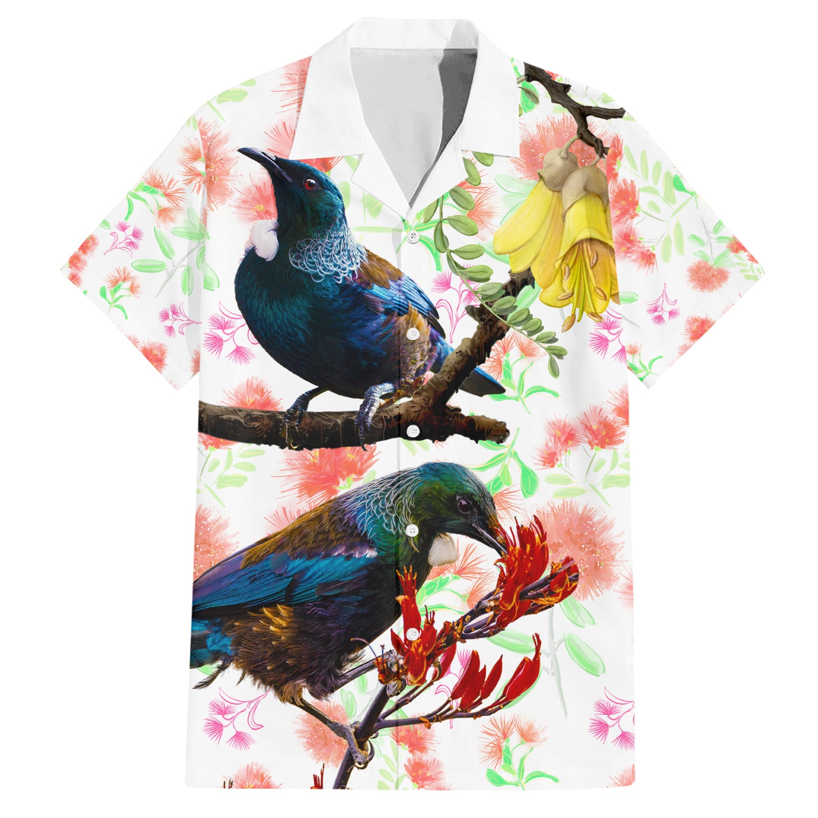 New Zealand Pohutukawa Tui Bird Hawaiian Shirt Kowhai Version LT03 White - Polynesian Pride