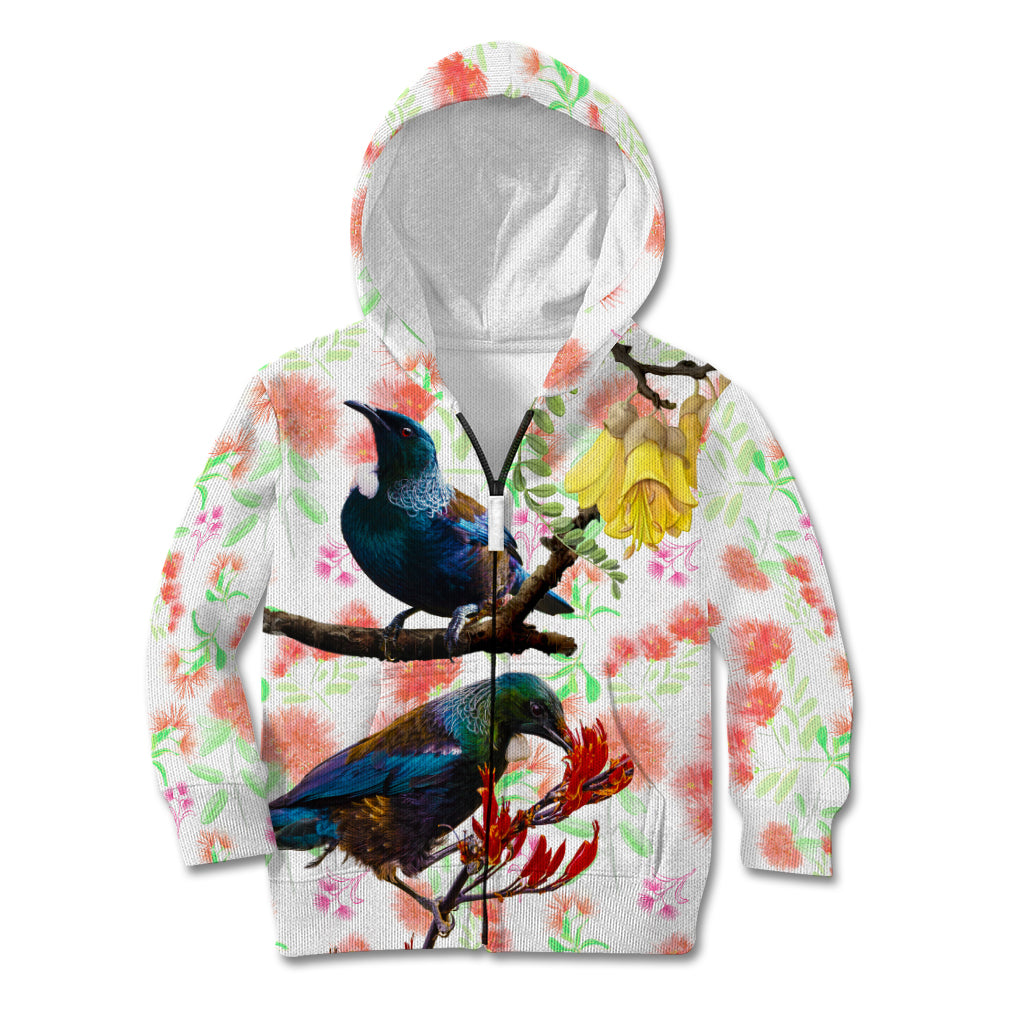 New Zealand Pohutukawa Tui Bird Kid Hoodie Kowhai Version LT03 Zip Hoodie White - Polynesian Pride