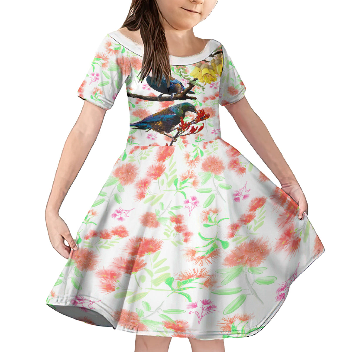 New Zealand Pohutukawa Tui Bird Kid Short Sleeve Dress Kowhai Version LT03 KID White - Polynesian Pride